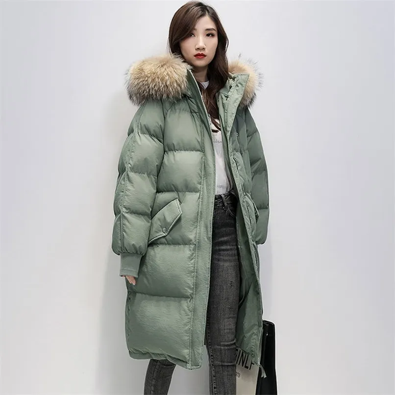 Ladies Fashionable Solid Oversize Coat Tjock varm Vinter Down Jacket Kvinnor Full Sleeve Fur Krage Hooded Chic Parka 211221