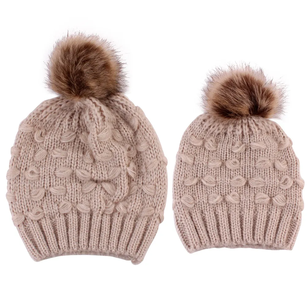 2020 Winter Knitted Acrylic Mohair Parent Child Pom Fur Ball Hat Winter Beanies Hat Outdoor Family Kids Knitting Skull Cap M191F