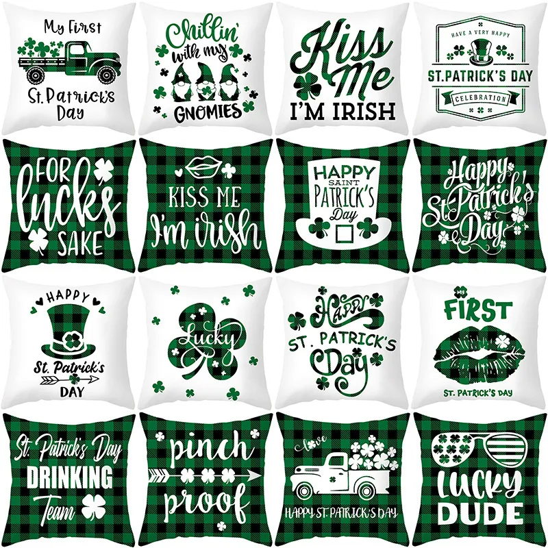 St. Patrick's Day Sierkussen Hoesjes Decoraties - 18 x 18 inches Shamrock linnen kussenhoes Irish kussensloop gnome truck decor