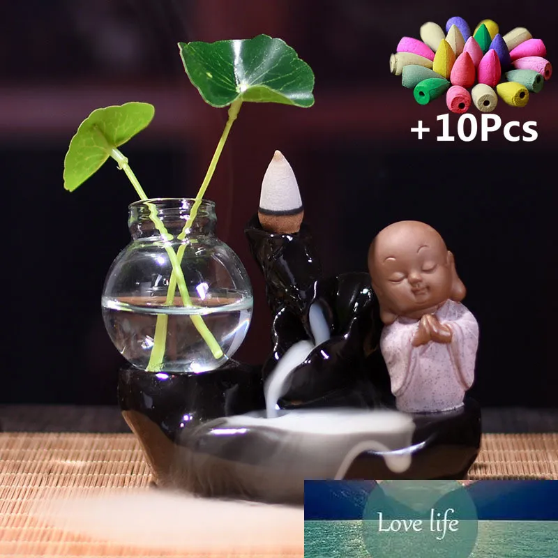 Avec 10 cônes d'encens, brûleur d'encens à reflux d'étang de Lotus, support de bâton de petit moine, encensoir en céramique, Vase en verre