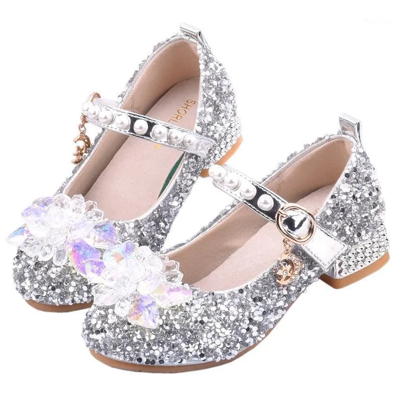 Crianças cristal sapatos de couro quadrado lantejoulas de salto alto bling bling shoes pigskin almofada confortável dança de casamento princesa meninas1