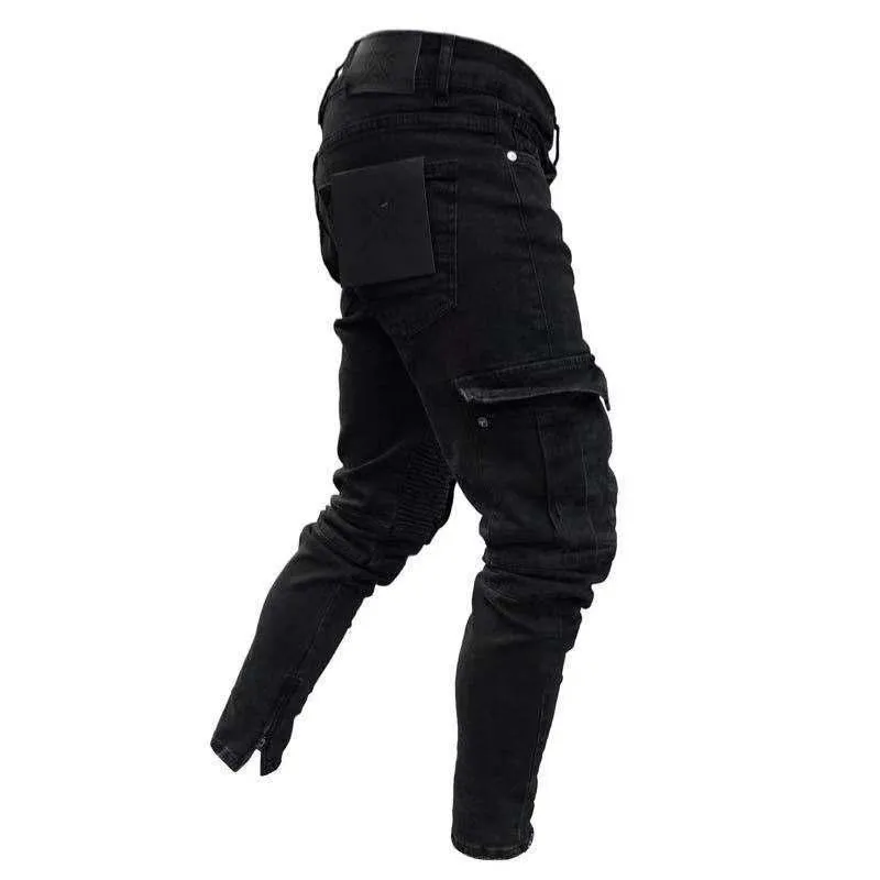 Män svart stretch mager fit botten dragkedja jeans mode sidofickor smala blyertsbyxor 2020 gata hiphop jogging overalys1224m