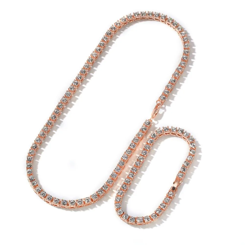 1 rzędzie łańcuchy do tenisa bransoletka moda hiphop biżuteria zestaw złoto / biały złoto 5mm naszyjnik pełne rhinestones dla mężczyzn kobiet