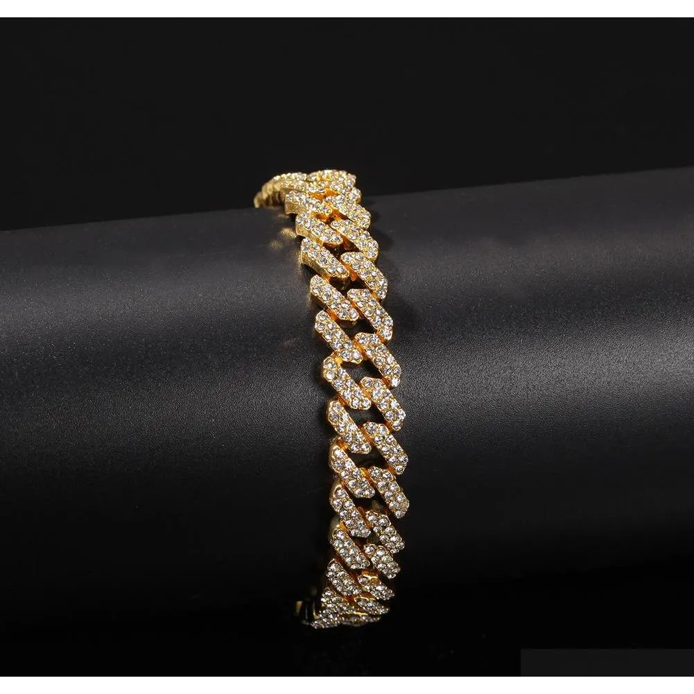 12mm  cuban link chain necklace bracelets set for mens bling hip hop iced out diamond gold silver rapper chains women luxury