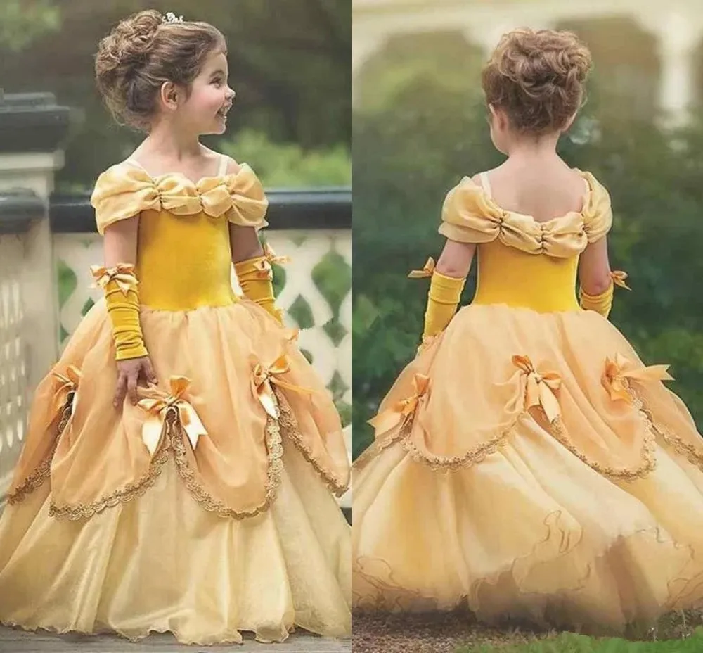 Balo prenses çiçek kızlar elbiseler sarı ucuz spagetti kayışları yaz kabarık küçük kızlar çocuk ilk cemaat elbiseleri