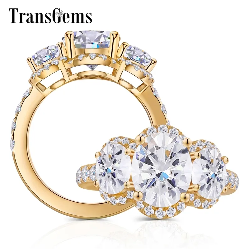 Transgems 14K 585 Yellow Gold 3 Stone Engagement Ring Center 3ct 8*10mm Oval FGH Color Halo Engagement Ring for Women Y200620