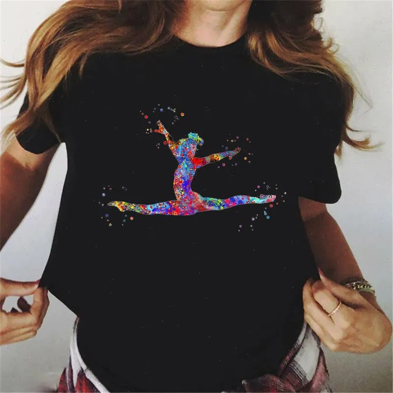 Sommar akvarell ballettdansare tryckt flicka svart t-shirt Kawaii gymnastik dans älskare tee femme anpassning