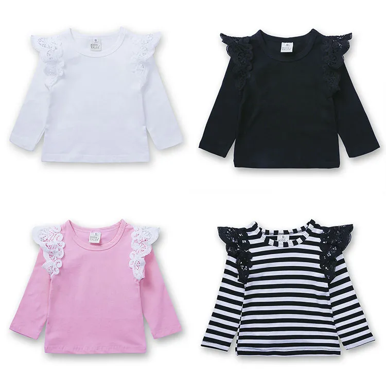 Outono primavera laço de bebê t-shirts tops listrado cor sólida manga longa mosca manga t camisa roupas infantil criança meninos e meninas t-shirt roupas m3988