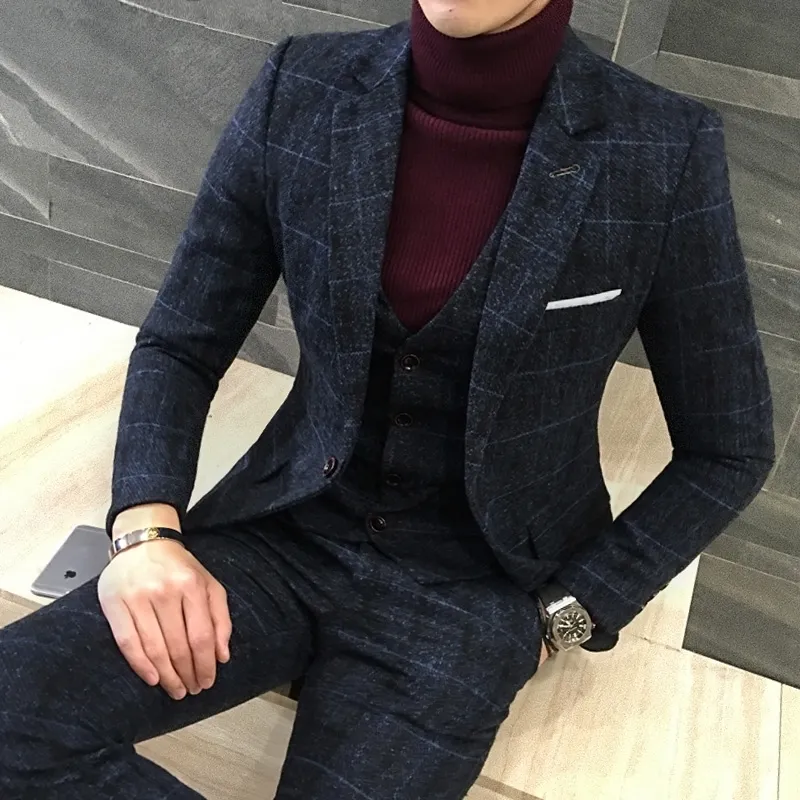 Royal Blue Plaid Mens Tweed Wedding Suit For Men Thick Slim Fit