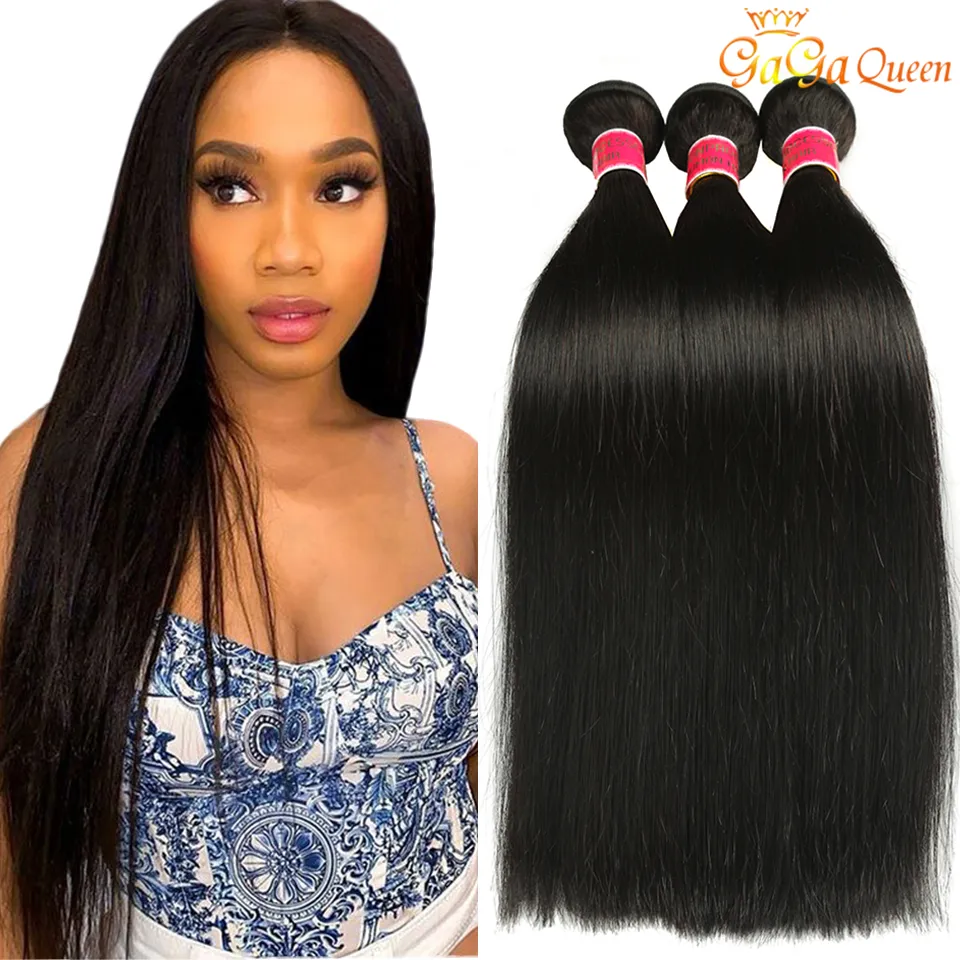 Gaga Queen Cheveux Vierges Brésiliens Raides 3 Bundles Extensions de Cheveux Humains Cheveux Brésiliens Tisse Bundles Couleur Naturelle