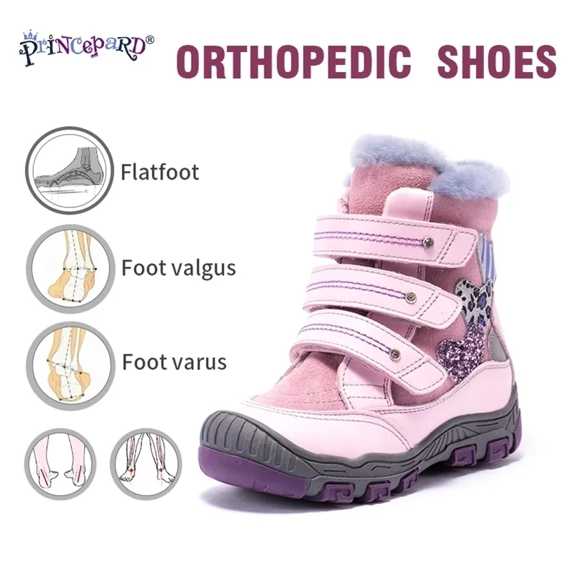 Princepard 100% fourrure naturelle chaussures orthopédiques en cuir véritable pour garçons filles 22-36 taille nouvelles bottes orthopédiques d'hiver pour enfants LJ201027