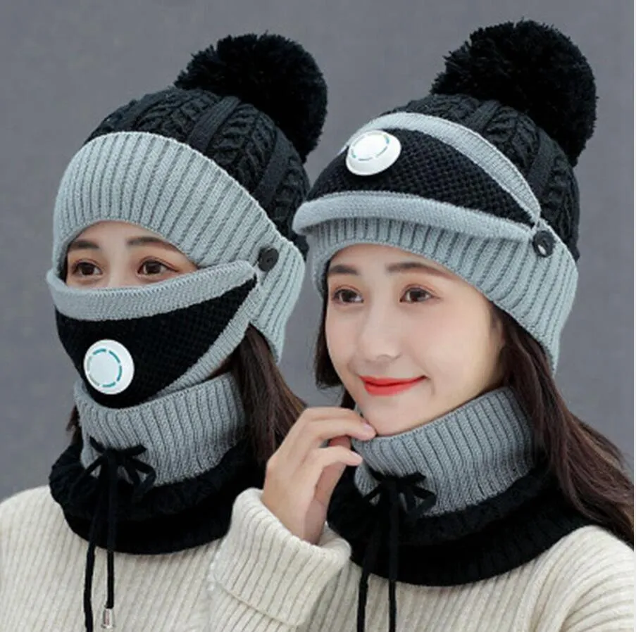 Women Winter Cap With Mask Neck Cover Knitting Warm Wool Beanies Skullies Hat Set Collar Knitted Caps Outdoor Cycling Hats LJJP783