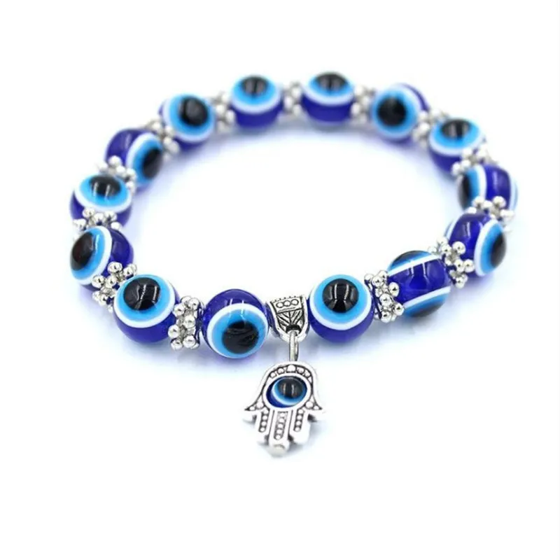 Partihandel Lucky Fatima Hamsa Hand Blue Evil Eye Charms Armband Bangles P￤rlor Turkiska Pulseras f￶r kvinnor 2018 Nya smycken 664 Q2