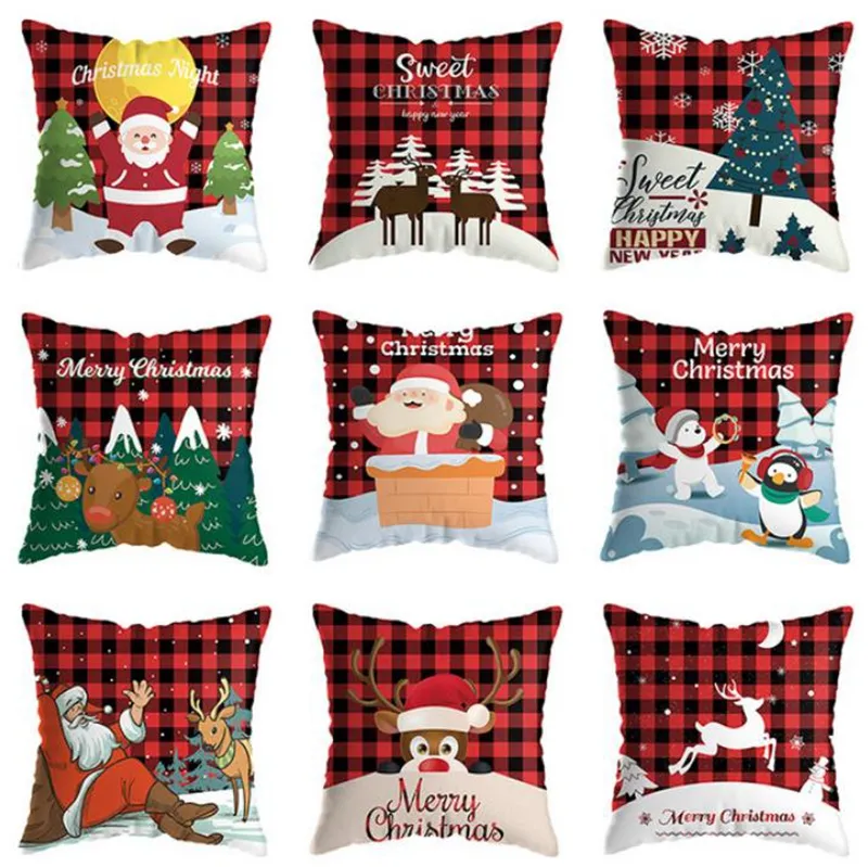 Noël Taie Plaid Joyeux Noël Coussin décoratif Couvre polyester Coussin Throw Oreillers Couverture Décoration 12 Designs YG749