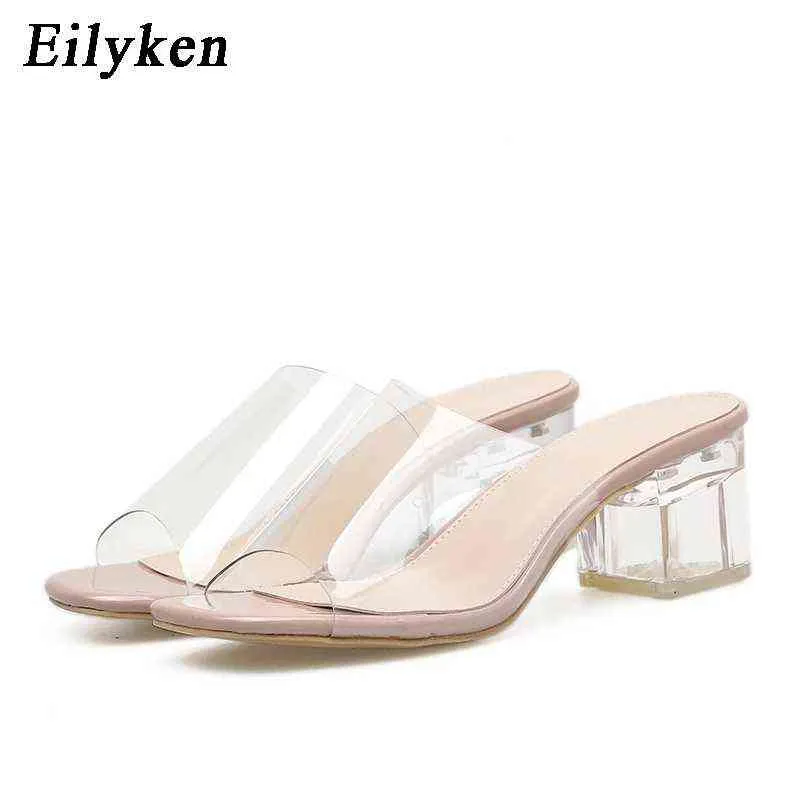 Terlik Eilyken PVC Jöle Kristal Açık Bitti Yüksek Topuklu Kadın Şeffaf Sandalet Kare Zapatos220308