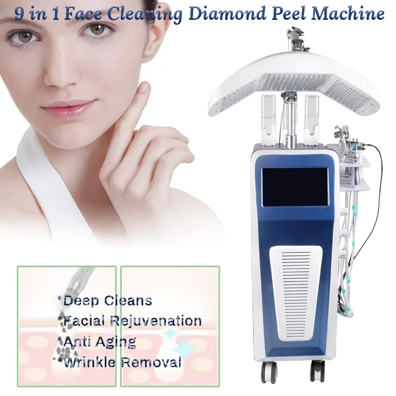 Vertical 9 in 1 hydro dermabrasion jet peel oxygen led light facial face lifting beauty machines PDT therapy