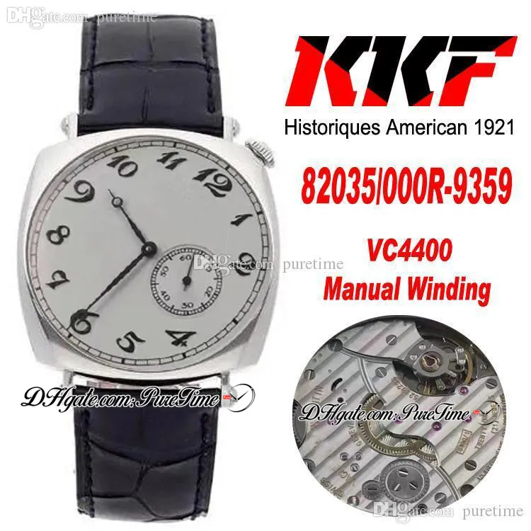 KKF Historiques American 1921 A4400 Handmatige windende herenhorloge 82035 / 000r-9359 stalen case White Dial Silver Number Markers Lederen Band Horloges Puretime B02