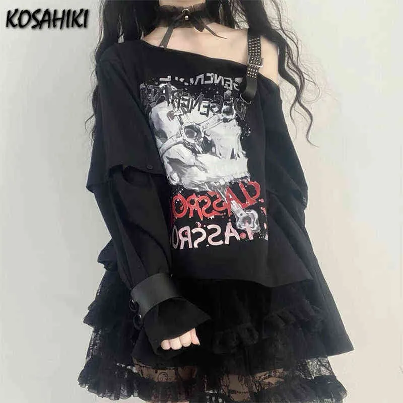 KOSAHIKI Y2k T-shirt Vrouwen Harajuku Zwarte Vintage Tops Schedel Print Off Schouder Belted T-shirt Zomer 2022 Japan Streetwear 220207