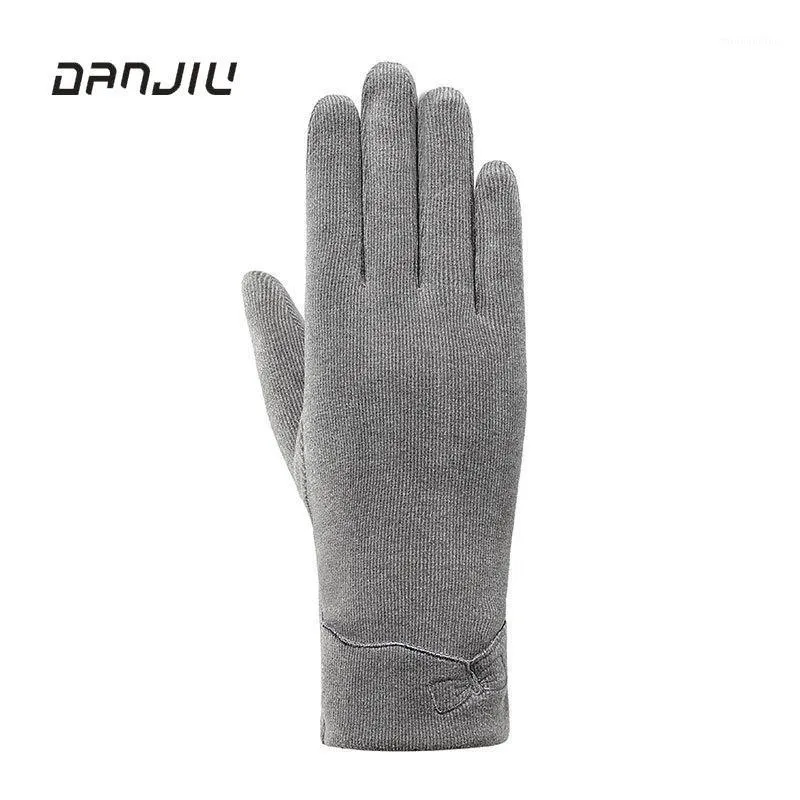 Pięć palców rękawiczki Kobiety zimowy ekran dotykowy trzymaj ciepłą cienką sekcję miękki kokardek haft na zewnątrz wiatrowoodporne urocze urocze rękawiczki1