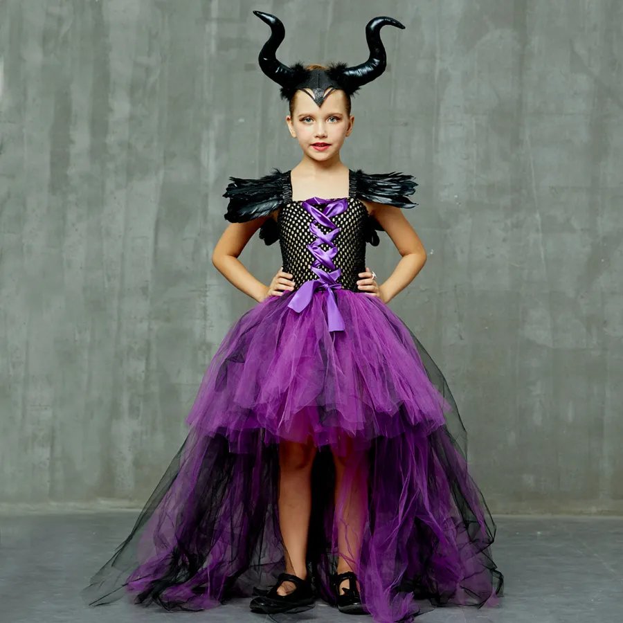 Purple Black Children Maleficent Costume Girls Dark Witch Villain Halloween Fancy Tutu Dress Evening Party Carnival Ball Gowns (10)