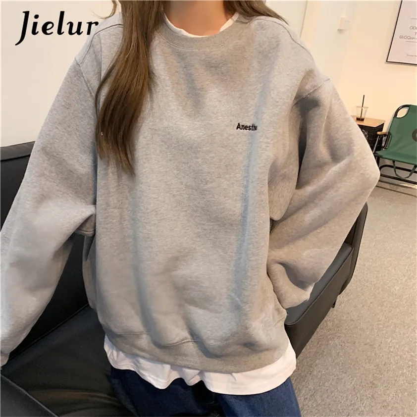 Jielur Orange Gray Bluza Kobiety M-XL Fałszywe dwuczęściowe z kapturem bluzy z kapturem Kobieta luźna koreańska polar listu streetwear haft 220215