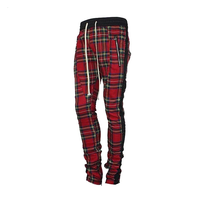 Moda- escocês Malha Corredores Sweatpants Homens Vintage Enquanto tira no tornozelo Joggers Pants Hip -hop Zip trilha Plaid Pants