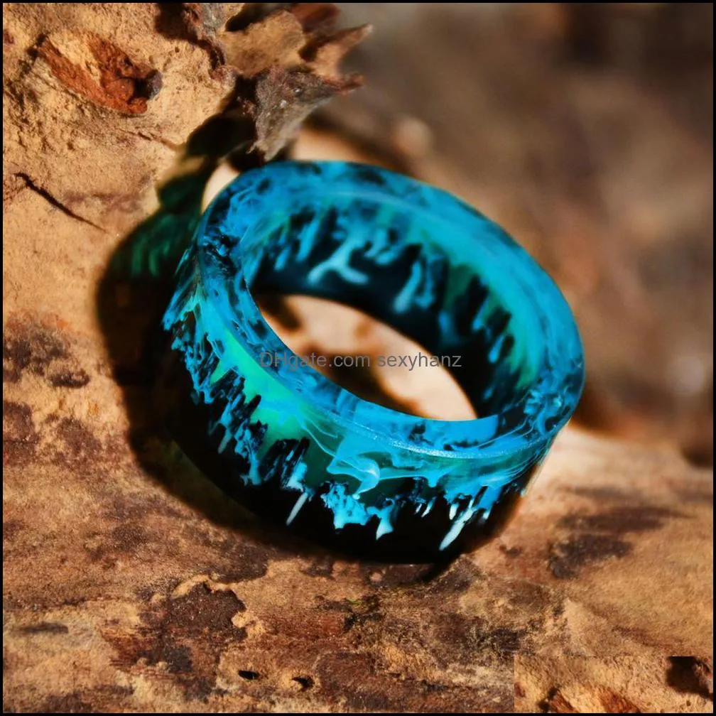 Blue Resin Rings for Women Men Wood Resin Landscape Ring Male Natural Scenery Epoxy Resin Rings Female Finger Punk Jewelry