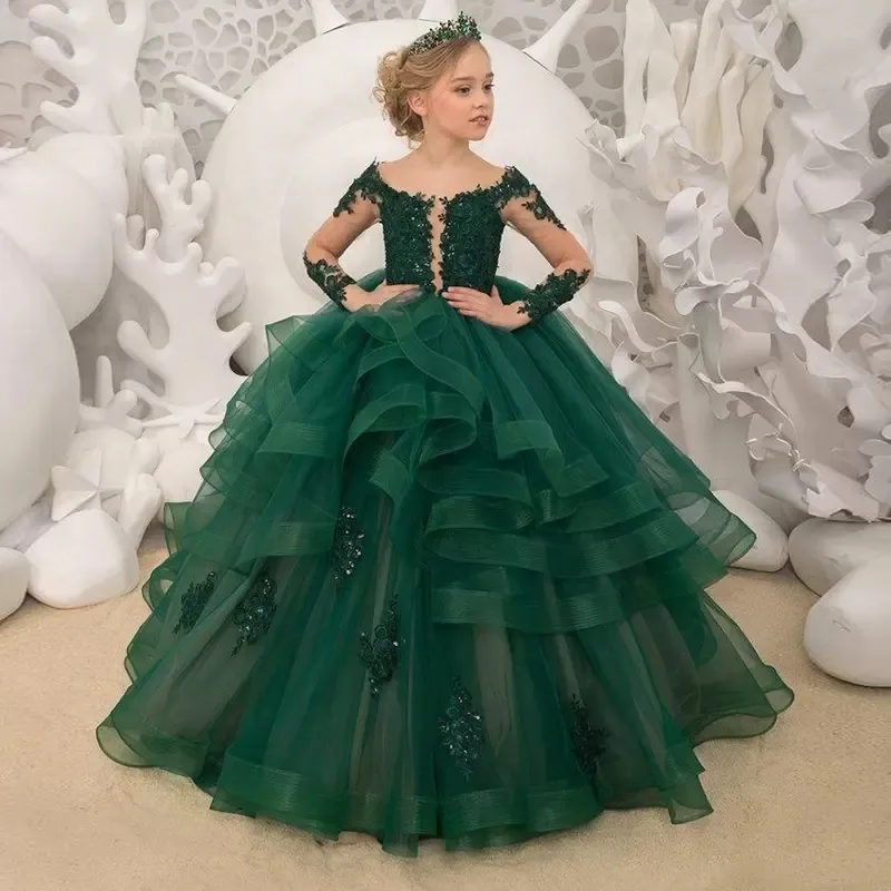 Yeni Yeşil Çiçek Kız Elbise Düğün Dantel Sequins Yay Aç Geri Uzun Kollu Kızlar Pageant Elbise Çocuklar İlk Kutsal Communions