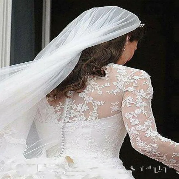 Classic 2021 Cheap White A Line Wedding Dresses V Neck Sheer Long Sleeve Appliqued Lace Kate Middleton Buttons Back Royal Bridal G341R