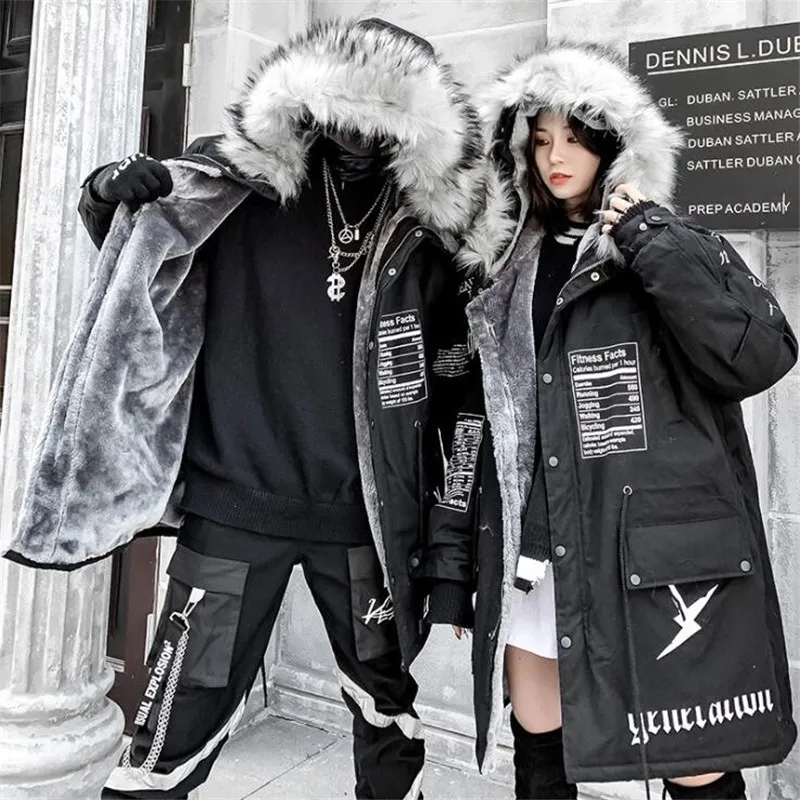 NAGRI Hip-hop Winter Coat Women Long Fur Collar Warm Parka Street Style Oversize Couple Hooded Fleece Jacket Ladies 201126