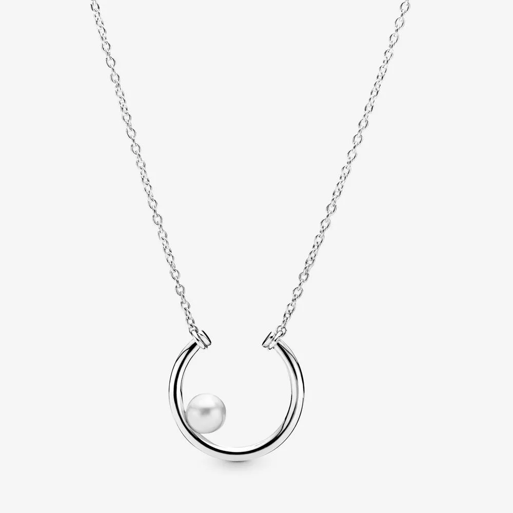 100% 925 Sterling Silver Offset Freshwater Cultured Pearl Circle Necklace Fit European Pendants and Charms Fine Women Wedding Jewelry Gift