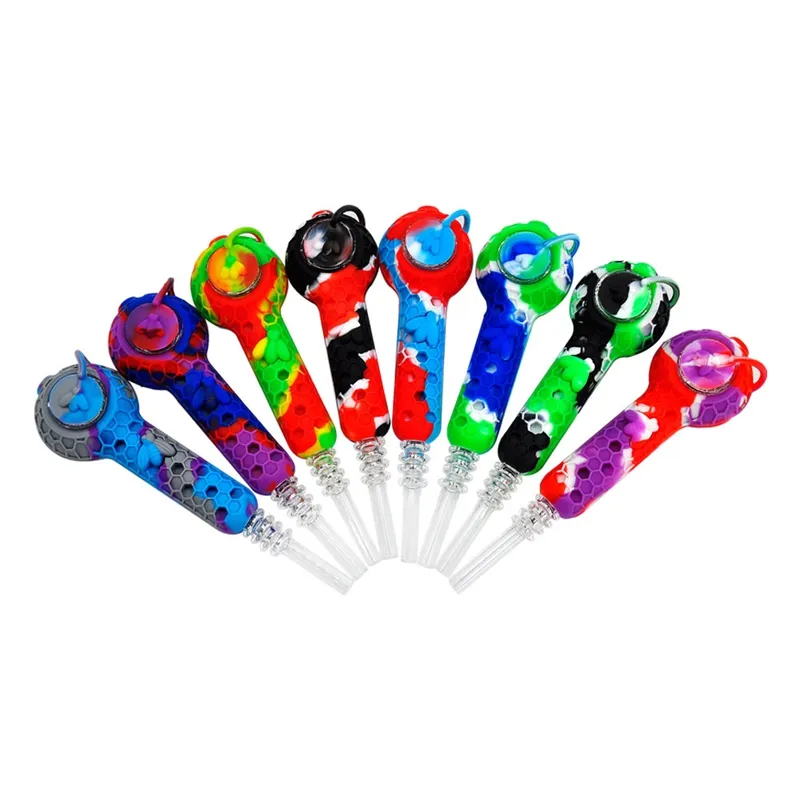 Latest Colorful Silicone Quartz Tip Straw Smoking Tube Handpipe Portable Innovative Design Filter Hole Bowl With Cover Caps Titanium Spoon