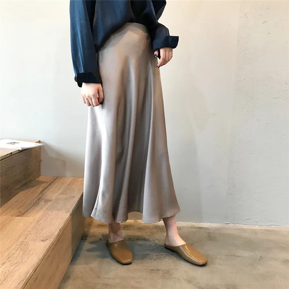 Long Satin Skirt Elegant High Waist A Line Midi Skirt For