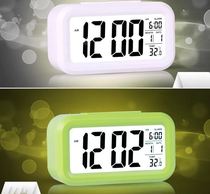 Plastic Mute Alarm Clock LCD Smart Temperature Cute Photosensitive Bedside Digital Alarms Clocks Snooze Nightlight Calendar SN3318
