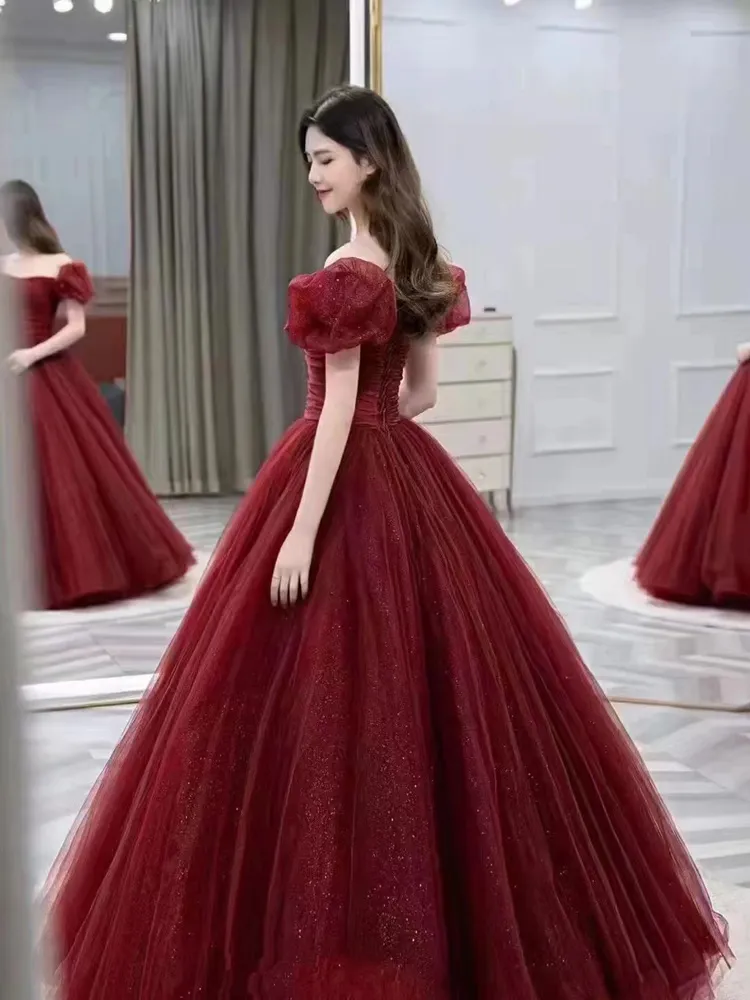Burgundy Ball Gown Off-the-Shoulder Tulle Quinceanera Gown,Sweet 16 Dress  with Appliques | Burgundy quinceanera dresses, Ball gowns, Ball dresses