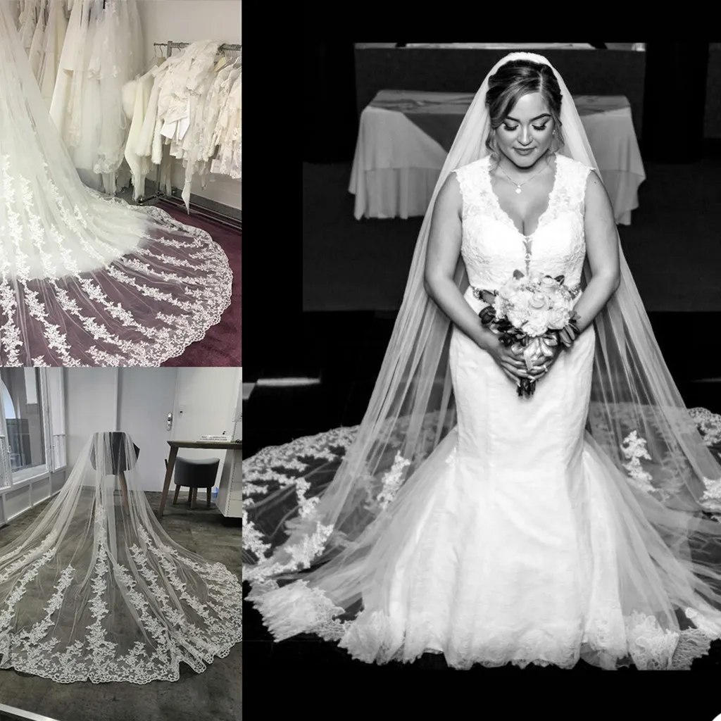 2021 Veli da sposa progettati Veli da sposa lunghezza cattedrale Lunghezza piena in pizzo Bordo tagliato Appliqued 3M Uno strato Accessori da sposa personalizzati