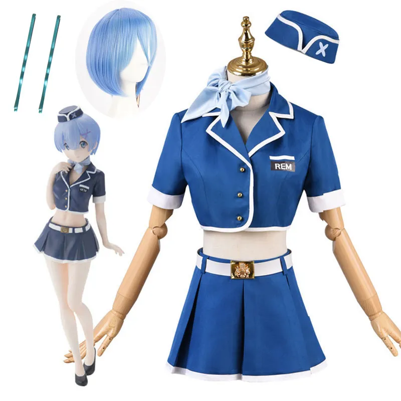 Anime Re Life Een andere wereld van nul rem airhostess stewardess cosplay kostuum pruik met gratis dop voor Halloween