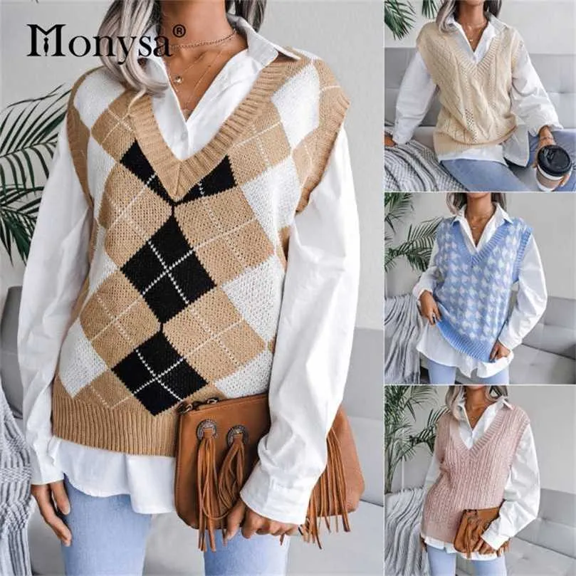 Gebreide truien voor vrouwen mode herfst winterkleding casual plaid trui vest dames pullovers wit blauw roze grijs 220125