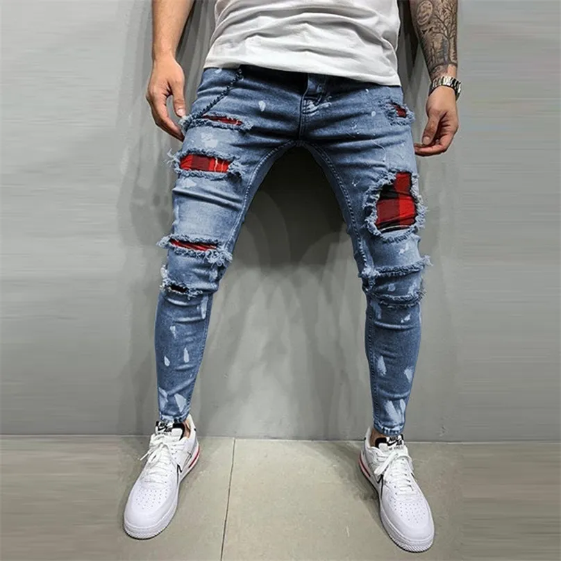 Jeans skinny da uomo Jeans ricamati trapuntati Pantaloni strappati in denim stretch con griglia Pantaloni da jogging patchwork uomo S-4XL 220308