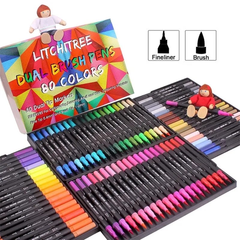 Wholesale 80 Water Based Dual Tip Coloring Brush Pencil Marker For