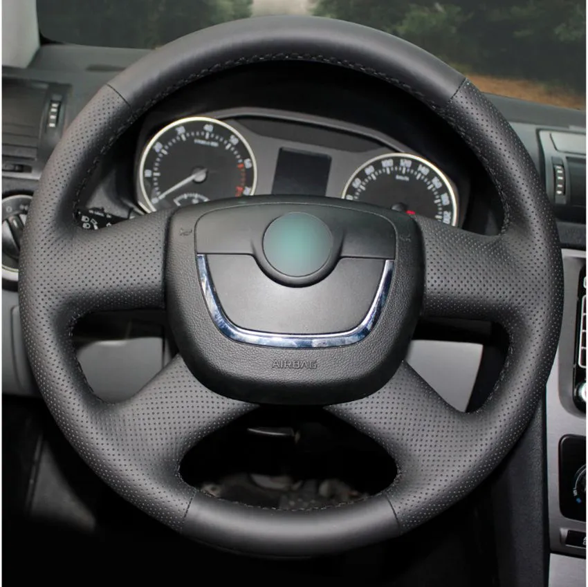 Hand-stitched Black Artificial Leather Car Steering Wheel Cover for Skoda Octavia 2009-2013 Citigo 2011-2012 Roomster Fabia