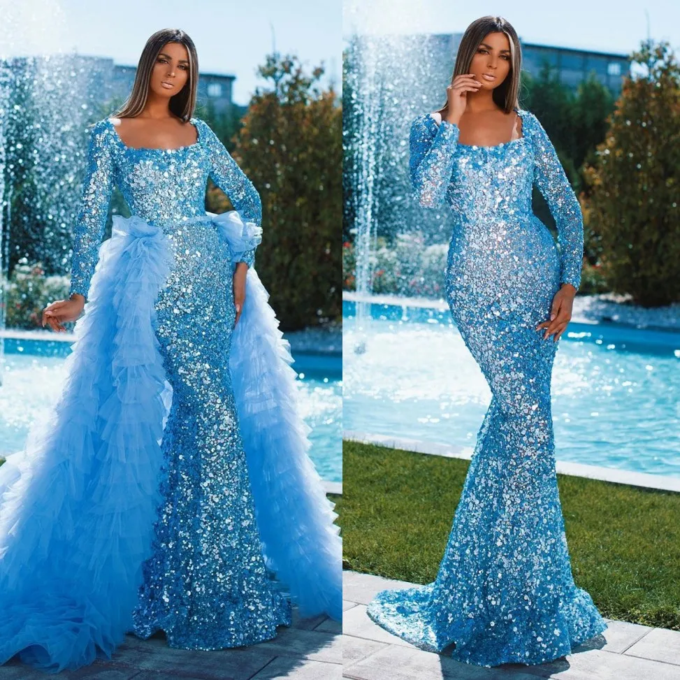 Sparkly Sequined Mermaid Prom Dresses With Detachable Train Square Neck Long Sleeves Evening Gowns Tiered Tulle Formal Dress