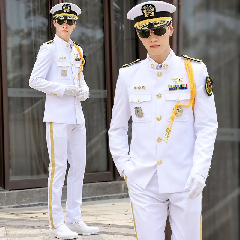 国際的な船員春秋のセキュリティコンシェルジュの標準的な制服スタンドカラークルーキャプテンユニフォームブラックホワイトスーツ