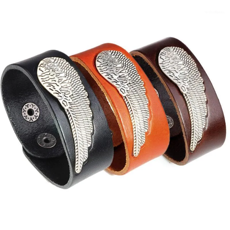 Charm Bracelets Male Adjustable Punk Angel's Wing Wristband Women Jewelry Big Wide Cuff Leather Wrap Bracelet Bangles1