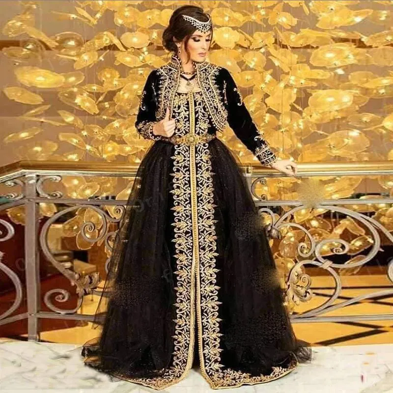 Traditionell Kosovo Albanian Caftan Evening Klänningar med jacka 2022 Svart Guld Lace Pärlor Vestidos de Novia Tunisiska Prom Party Gowns Karakou Algerian