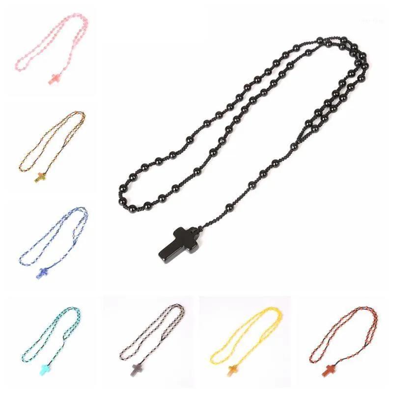 Pendant Necklaces Ethnic Crystal Cross Necklace Natural Stone Religion For Women Woven Sweater Chain Men Jewelry Gift