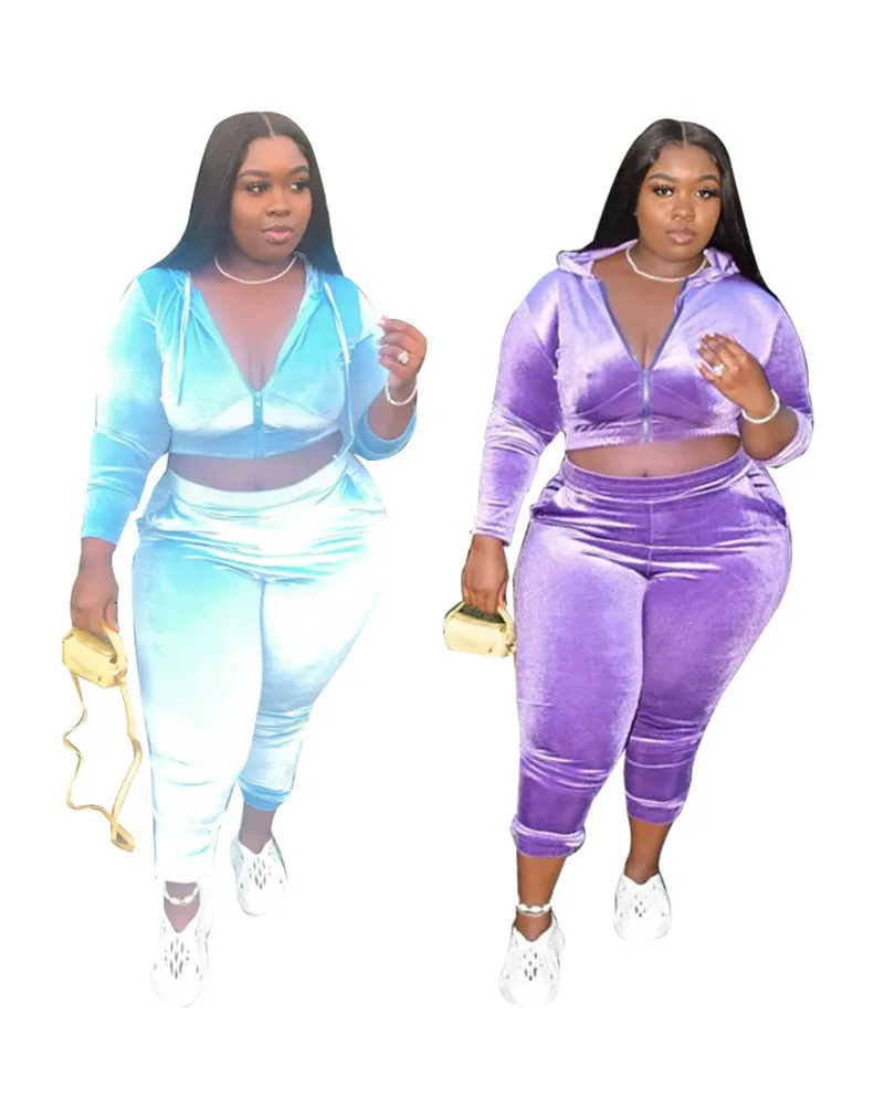 Grande taille femmes vêtements ensemble décontracté velours couleur unie à manches longues à capuche haut court pantalon ensembles grande taille femmes deux pièces tenues