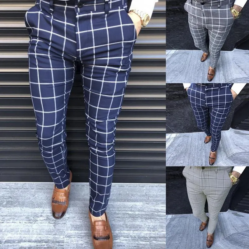 남성용 정장 블레이저 2021 남자 캐주얼 바지 패션 코튼 중소형 슬림 적합 비즈니스 공식 격자 무늬 인쇄 바지 남성 여가