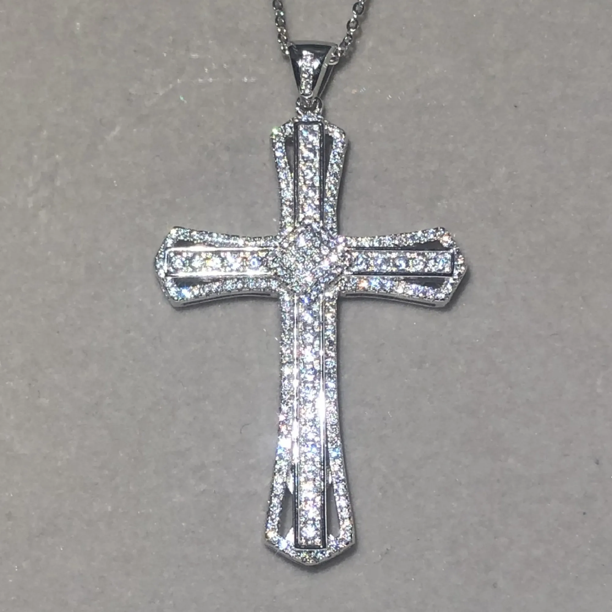 Fashion Big 925 Sterling Silver Exquisite Bible Jesus Cross Pendant Necklace for Women Crucifix Charm Pave Simulated Diamond Jewelry