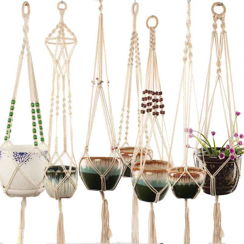 Paniers suspendus en macramé fait à la main en corde de coton porte-pot plante cintre fleur pour intérieur extérieur Boho décoration de la maison comté jardin avec perles en bois